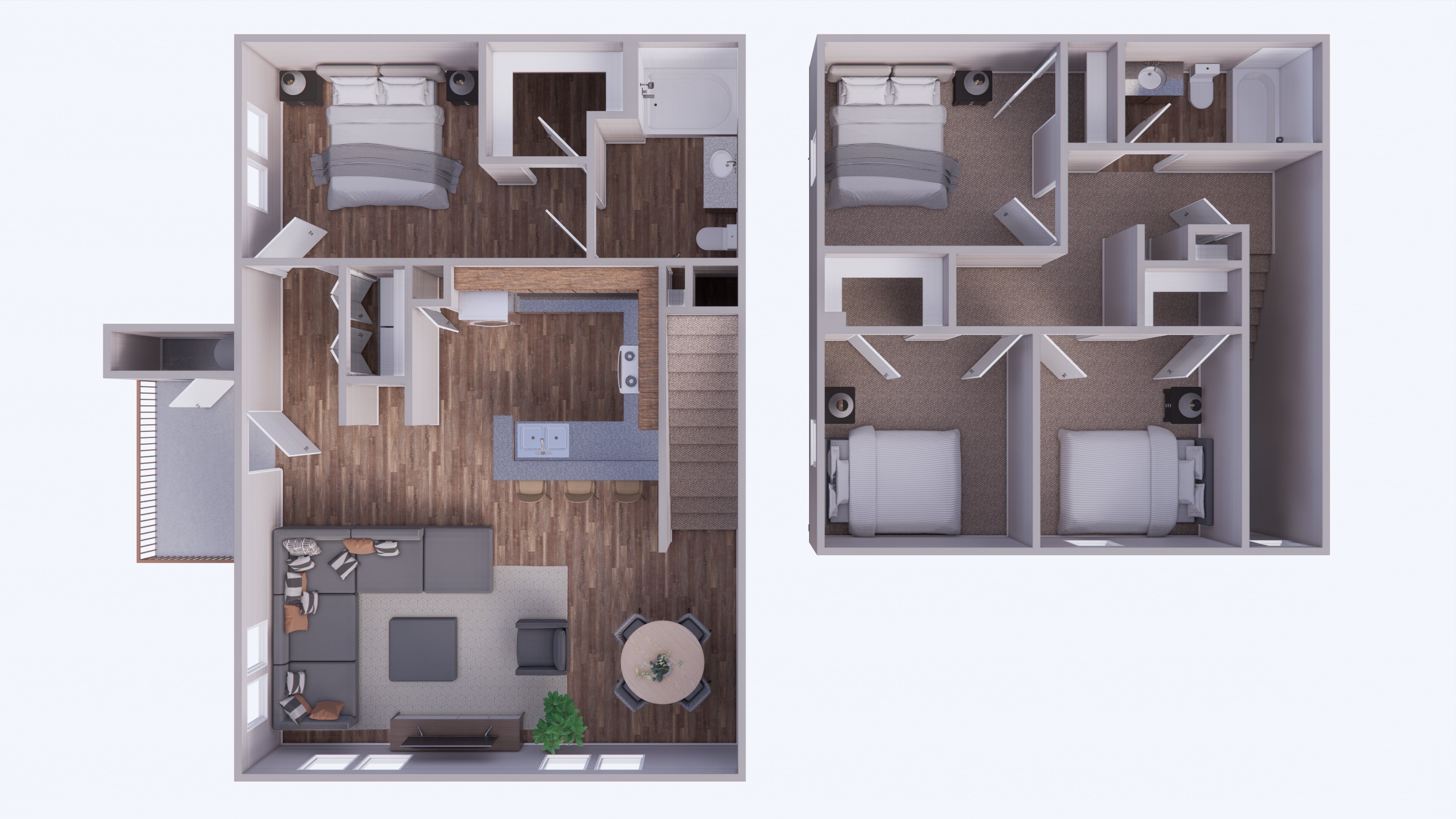 Two images of a house layout with a kitchen, living room, and bedrooms.